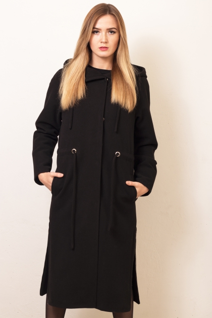 Удлинённое пальто с капюшоном - Арт: 321 чёрный - Размеры: 40-42 44-46 48-50