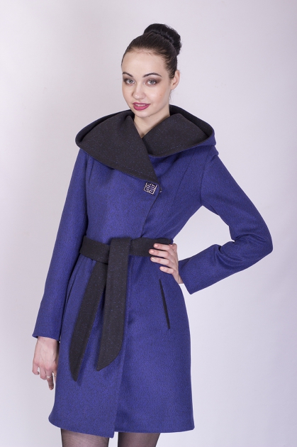 Приталенное пальто с капюшоном - Арт: 284 меланж василёк - Размеры: 40 42 44 48